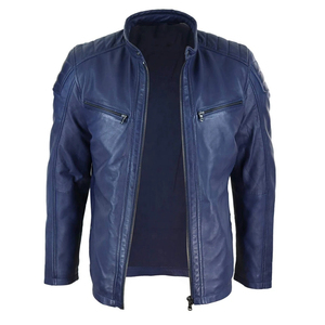 Chaqueta de Motociclista de Cuero Sintético Azul para Hombre, Cuello Alto, Cierre de Cremallera, Corte Regular, Color Sólido, Estilo Biker, para Otoño - Product Image 3