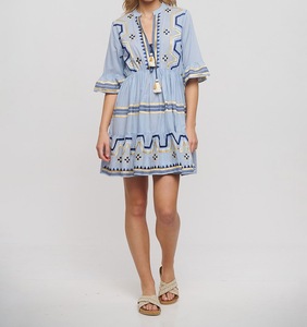 PRINTED FASHION SHORT BLUE <strong>DRESS</strong> WITH GOLD/BLUE EMBROIDERY DECORATED WITH NECK TUSSLES ONE SIZE (100% COTTON) - Product Image 2