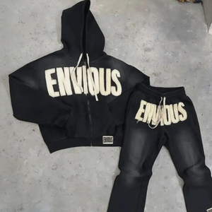 Ensemble de survêtements épais deux pièces pour hommes personnalisés OEM Pantalon de survêtement avec patch de broderie vieilli sweat à capuche lavé à l'acide 100% coton - Product Image 1