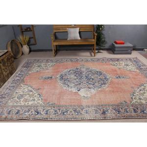 Vintage Rug, 7.2x10.7 ft Turkish Rug, <b>Red</b> Blue Striped <b>Wool</b> Rug - Product Image 3