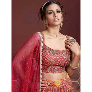 Astonishing Red Sequins Embroidery Chinon Silk Lehenga Choli for Wedding <b>Cocktail</b>/Reception Apparel Semi-Stitched Custom Size - Product Image 3