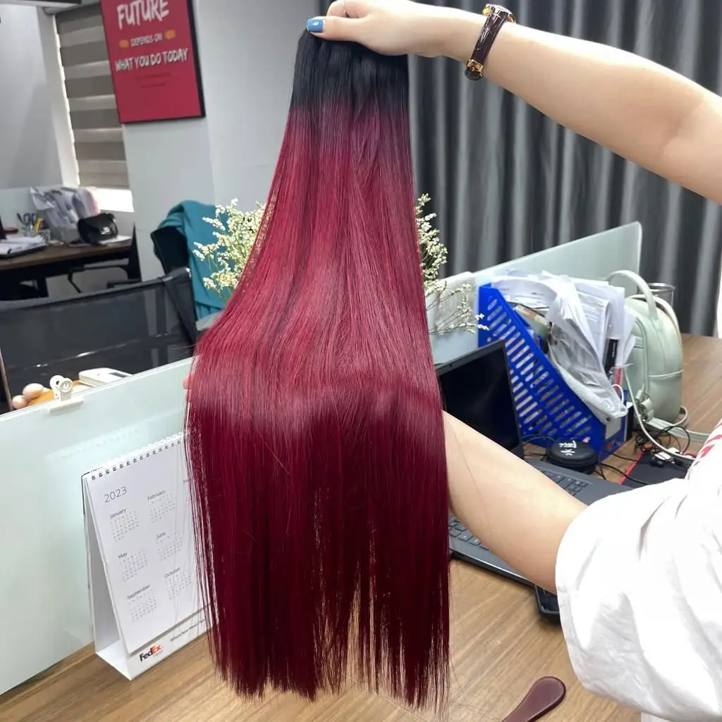Rambut Vietnam Mese Ombre merah anggur tulang lurus ditarik ganda ekstensi rambut dan transparan renda Swiss ekstensi rambut HD
