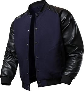 Veste universitaire classique pour adulte, bleu marine avec manches en cuir noir, bordure contrastée, col rond, vêtement d'automne - Product Image 1