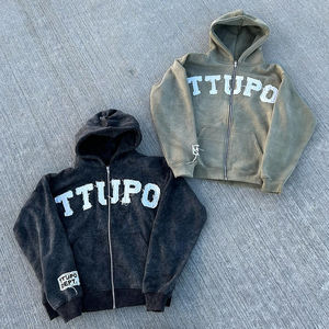 Hombres 100% algodón Zip-up bordado apliques carta de punto de lana de invierno de manga larga en relieve Puff lavado personalizado Sudadera con capucha - Product Image 2