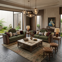 Ensemble de canapés capitonnés vert olive classiques européens sur mesure avec structure en bois et table basse en marbre pour villa et salon d'hôtel