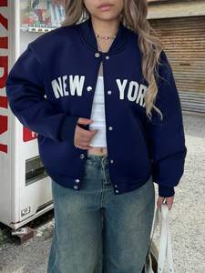 Veste universitaire décontractée d'hiver pour femmes, style sportif, broderie de lettres, logo New York, col montant teinté, devant ample - Product Image 4