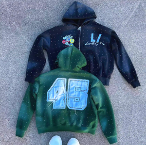 Vente en gros, sweats à capuche personnalisés pour hommes, 450GSM, patch de broderie délavé à l'acide, sweats à capuche zippés en strass, streetwear pour hommes - Product Image 4