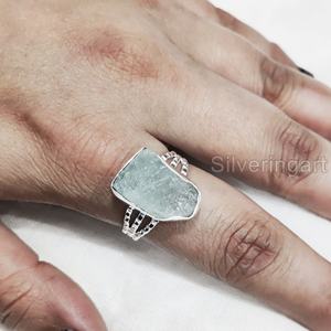 Bijoux en pierre brute Bague pour femme Aigue-marine réglable naturelle Pierre précieuse brute Mars Pierre de naissance Bande à pois Bague en argent sterling 925 - Product Image 4