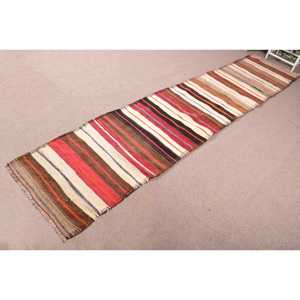 Vintage Turkish Rug, 2.5x13.8 ft Kilim Rug, <b>Brown</b> Red Abstract <b>Wool</b> Rug - Product Image 2