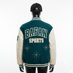 Chaqueta Universitaria para Mujer, Mezcla de Lana, Color Verde Azulado, Paneles de Manga Color Crema, Logotipo Personalizado Bordado, Parche de Chenilla, Chaquetas Universitarias para Mujer - Product Image 2