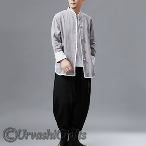 Designer ผ้าฝ้ายลินินผู้ชายสบายๆฤดูร้อนแขนยาวปุ่มลงเสื้อสไตล์จีนเสื้อตัดกันในราคาจํานวนมาก - Product Image 2