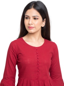 Haut en coton slub traditionnel pour femmes de style moderne, couleur marron, col rond, manches cloche, hauts en coton indien en gros - Product Image 2