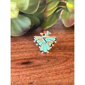 Mg Pelina Zuni Thunderbird Ring Multi-Color Stone & Sterling <b>Silver</b> with Turquoise Rhodium Plated Size 4.5 Everyday Wear - Product Image 5
