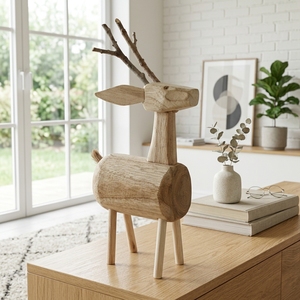 Handcrafted <b>wooden</b> deer anima sculpture <b>rustic</b> teak log branch animal statue reindeer stag table floor accent decoration unit - Product Image 5