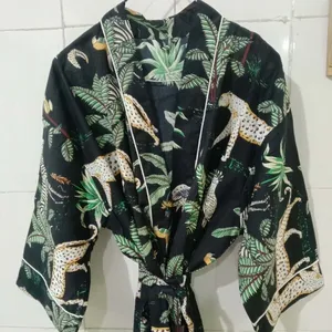 Handmade Indian Tropical Black Print Kantha Quilt Jacket Front Open Wear Mid-length Luxury Spa Bathrobe Rich Dress at Buk Price