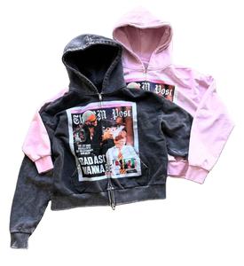 Sudadera con capucha bordada desgastada de algodón French Terry de 500 GSM personalizada, sudadera recortada con cremallera y lavado ácido, sudadera con cremallera de retazos lavados - Product Image 1