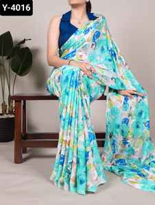 Ropa étnica india Satén opaco con estampado floral con seda Moonga Lisa para ropa informal y de festival Sari elegante para mujer - Product Image 6