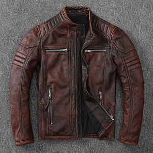 Chaqueta de Cuero Estilo Motociclista Vintage para Hombre, 100% Cuero Vacuno Genuino, Cuello Alto, Logotipo Frontal - Product Image 1