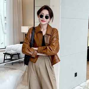 Veste en cuir courte à motif ample Plus Veste en cuir de moto pour femme avec bouton - Product Image 6