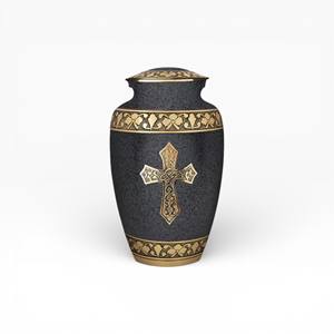 Gold Cross <b>Engraved</b> Keepsake Urn with Ornate Lid and Detailed Borders for Faithful Memorial Tribute - Product Image 5