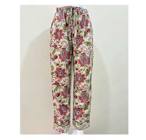 Pantalones bohemios de algodón floral con cintura elástica y cordón, tela ligera transpirable, ajuste relajado para ropa informal y de salón - Product Image 1