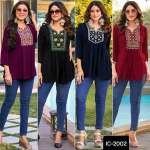 Vêtements ethniques indiens fantaisie rayonne lourde avec broderie pour tenue décontractée et régulière Simple Long haut fantaisie avec grande taille - Product Image 6