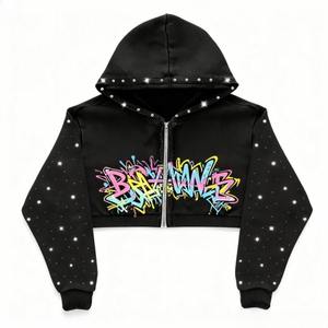 Custom Applique Embroidery Distressed Hoodie <b>Rhinestone</b> Zip <b>Jacket</b> Acid Wash Vintage Cropped Fleece Streetwear Solid Winter - Product Image 1