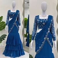 Saree Sutra Banarasi Bordir Mewah Modern Berkilau + Blus, Bulu Imitasi Sempurna Jahitan Rapi Mudah Dibentuk, Pakaian Pengantin untuk Pesta