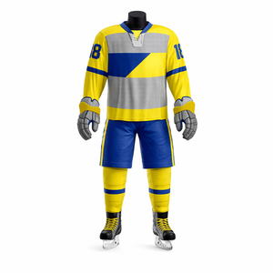 Uniforme de hockey sobre hielo personalizado, conjunto de camiseta y pantalones cortos sublimados en amarillo y azul, ropa de equipo para adultos, fabricante OEM ODM - Product Image 1