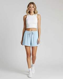 Shorts pour femmes de qualité supérieure à motif uni respirant Détail bouton 100% coton Taille élastique Couleur personnalisée Coupe ajustée Sportif - Product Image 2
