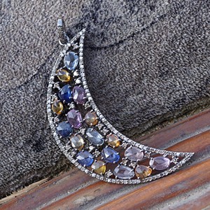 Colgante de luna creciente de diamante hecho a mano, Plata de Ley 925 auténtica, Multi zafiro pavé - Product Image 1