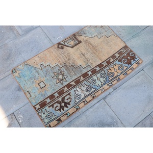 Alfombra Vintage de 2x3.1 pies, Alfombra Turca Pequeña, Alfombra Floral Azul Marrón - Product Image 3