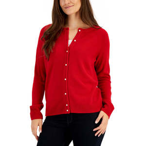 Cardigan rosso girocollo da donna Karen Scott, taglia media, con bottoni perlati e motivo jacquard stampato - Product Image 1
