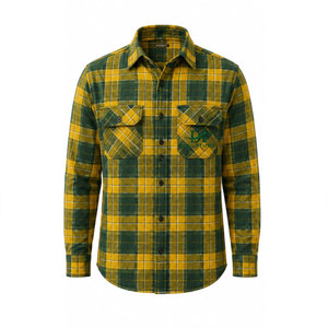 เสื้อเชิ้ตทำงานแขนยาวลายสก็อตสีเขียวเหลืองสำหรับผู้ชาย ผ้าฝ้ายระบายอากาศได้ดี พิมพ์ลายโลโก้ด้านหน้า - Product Image 2