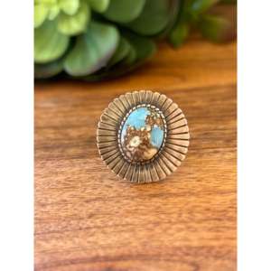 Navajo Golden Hill's <b>Statement</b> <b>Ring</b> Turquoise Sterling <b>Silver</b> Bezel Setting Vermeil Plating Geometric Size 7.75 Everyday Wear - Product Image 1