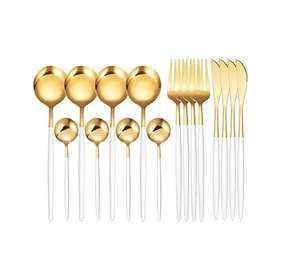 Vendedor caliente Juego de cubiertos de metal con esmalte blanco Mango largo Acabado en oro para el hogar y la boda Juegos de cubiertos - Product Image 1