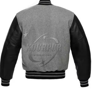 แจ็คเก็ตเบสบอลบอมเบอร์โค้ทแบบมีน้ำหนักเบาสำหรับผู้ใหญ่และเยาวชนโลโก้ข้อความเย็บสีเทาและดำสดใส - Product Image 2