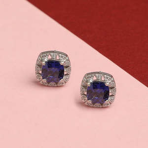 Boucles d'oreilles clous en argent sterling 925 plaqué rhodium, serties de zircone suisse bleu royal, pour femmes et jeunes filles - Product Image 2
