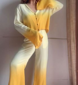 2024 New Arrivals Cotton Crepe Summer Women Turn <b>Down</b> Collar Casual Yellow <b>Tie</b> Dye Top and Pant Women Set - Product Image 6