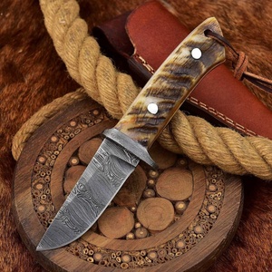 Custom Handmade DIY Damascus Steel Straight Edge Skinning Hunting <b>Knife</b> Fixed Blade Ram Horn Handle Leather <b>Sheath</b> Outdoor - Product Image 5