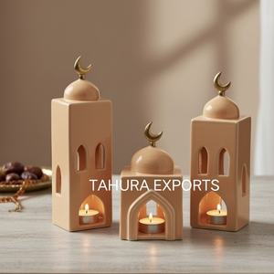 Encantador portavelas decorativo de cerámica suave de Ramadán para noches sagradas tranquilas y elegante decoración cálida para el hogar - Product Image 1
