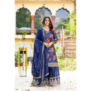 Lancement de la nouvelle collection moderne de tenues de fête Kurti Plazzo avec dupatta en soie chiffon imprimée et brodée - Product Image 1