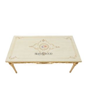 Mesa de Centro Rectangular Blanca de Lujo con Tapa de Cristal, Arte Floral Pintado a Mano y Detalles en Latón Dorado para Interiores Clásicos - Product Image 4