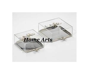Plateau de service couleur argent en acier inoxydable avec couvercle en acrylique Ensemble de deux plateaux de service à thé et café de forme carrée - Product Image 1