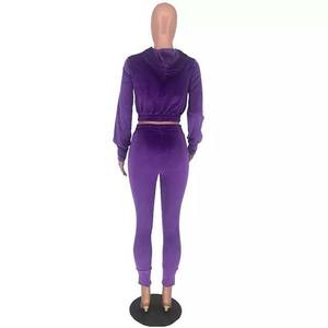 Ensemble de survêtement décontracté en velours deux pièces pour femme : crop top à capuche et pantalon à taille élastique – Tenue de sport et jogging - Product Image 5