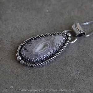 Collar de Ágata Crazy Lace con Colgante de Engranaje, Chapado en Rodio, Joyería Hecha a Mano, Simple y Elegante, Collar de Piedra Natural Única para Mujer - Product Image 3