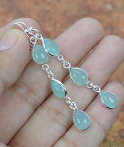 Boucles d'oreilles pendantes en argent sterling 925 plaqué or avec calcédoine aqua, faites à la main, bijoux en pierre bleue pour femme, cadeau, vente en gros - Product Image 2