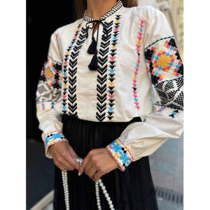 Túnica con bordado Floral para mujer, túnica corta con escote redondo de verano, cuerdas de corbata, borlas pesadas, mangas completas, ropa de fiesta informal tejida - Product Image 3