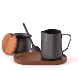 Ensemble de lait et de sucre design contemporain en bois d'acacia, acier inoxydable fini noir revêtement antiadhésif pour la cuisine et la table - Product Image 6