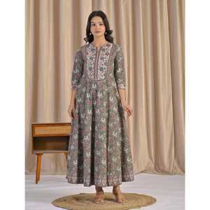 Robe Anarkali en coton imprimé à la main vert-gris, style ethnique indien pakistanais, avec dupatta cousu, sari - Product Image 3